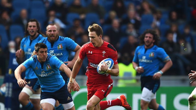 Liam Williams of Wales breaks on the way to scoring his try during the RBS 6 Nations match between Italy and Wales