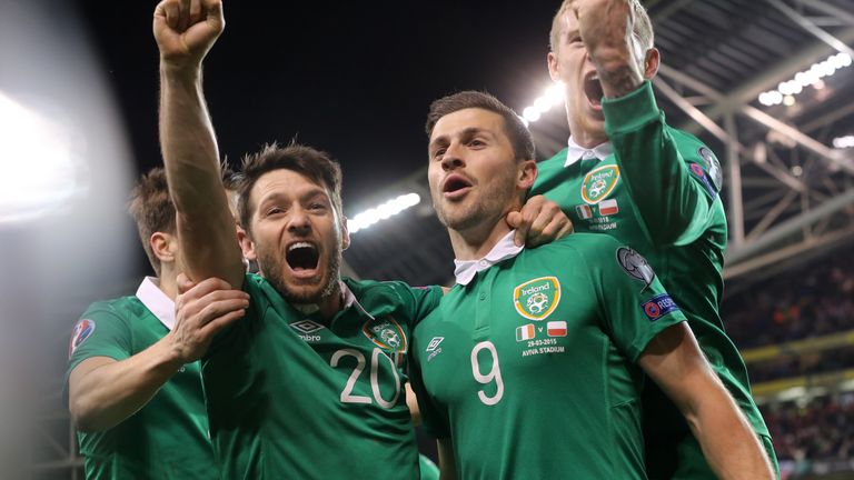 Republic of Ireland's Shane Long (right) celebrates scoring during the UEFA Euro 2016 Qualifier v Poland at the Aviva Stadium, Dublin, Ireland