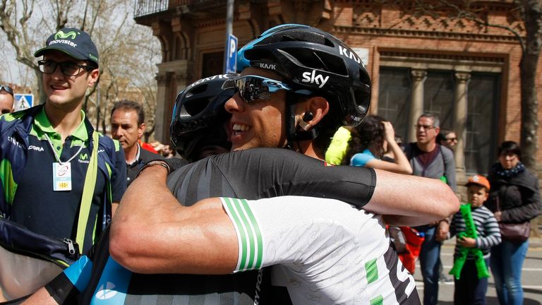 Richie Porte is congratulated by teammate  after securing the overall win during Stage 7 of the 2015 Tour of Catalonia