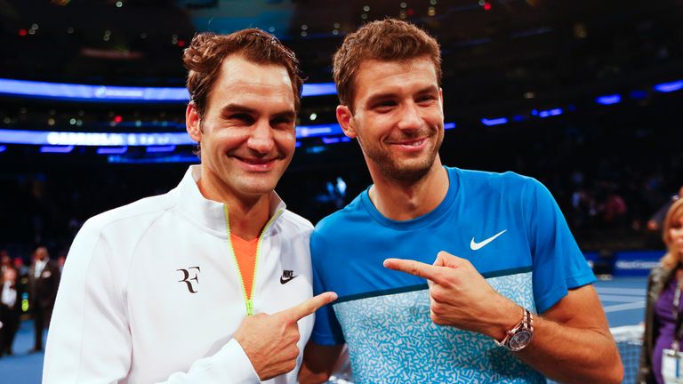Roger Federer of Switzerland and Grigor Dimitrov of Bulgaria pose for a photo after the BNP Paribas Showdown at Madison Square Garden