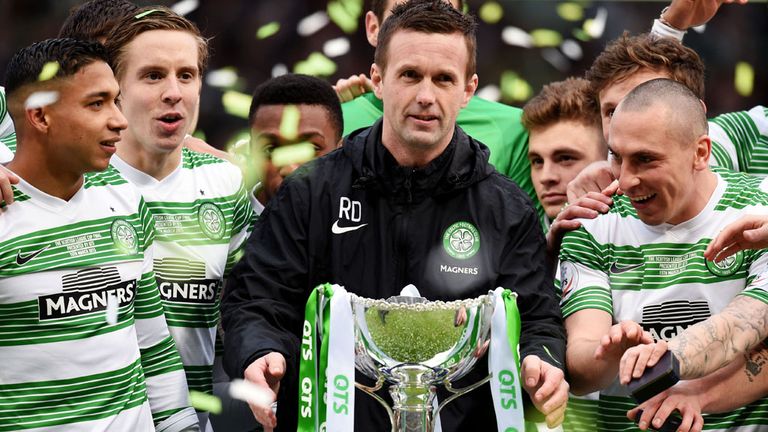 Ronny Deila holds the Scottish League Cup for Celtic