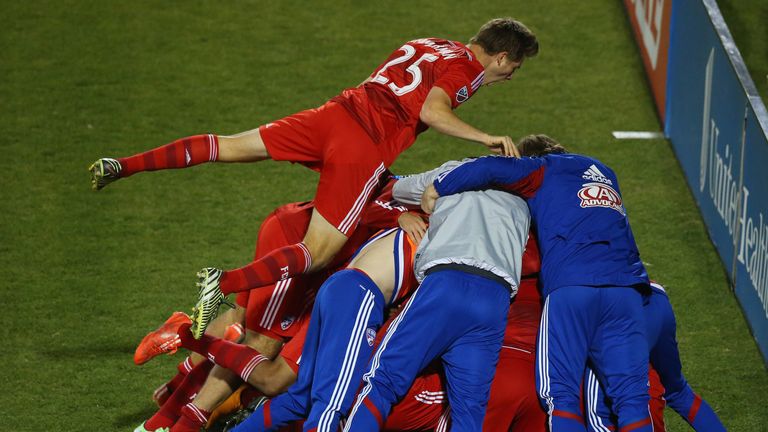 FC Dallas celebrate a goal against the San Jose Earthquakes at Toyota Stadium on March 7, 2015 in Frisco, Texas. 