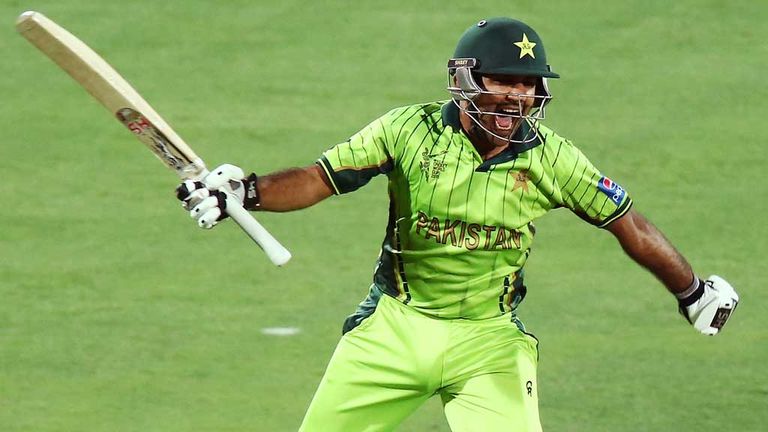 Sarfraz Ahmed celebrates reaching his maiden one-day international hundred