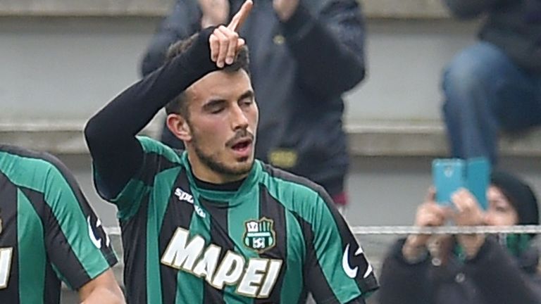 Nicola Sansone of Sassuolo celebrates after scoring the opening goal