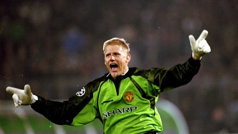Manchester United keeper Peter Schmeichel celebrates a goal in the UEFA Champions League semi-final second leg match against Juventus at the 