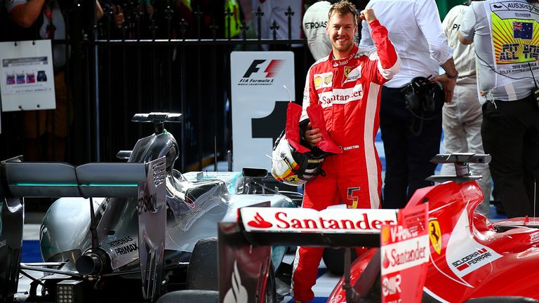  Sebastian Vettel of Germany and Ferrari celebrates in Parc Ferme after finishing third in the Australian Formula One Gran