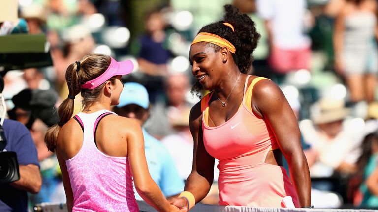Serena Williams greets CiCi Bellis after a routine triumph