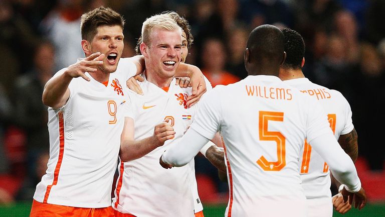Davy Klaassen of the Netherlands celebrates after scoring against Spain