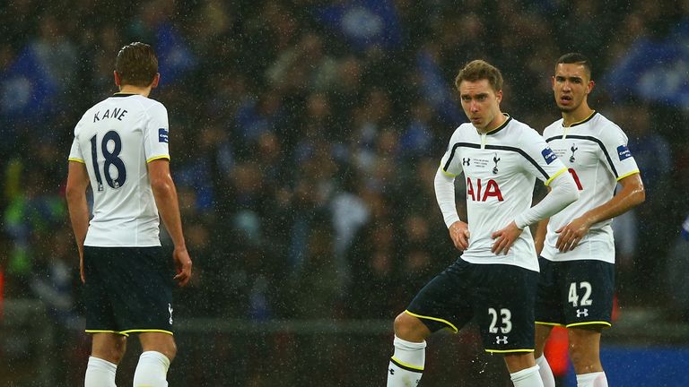Dejected Harry Kane, Christian Eriksen and Nabil Bentaleb of Spurs look on during the Capital One Cup Final match between Chelsea and Tottenham Hotspur