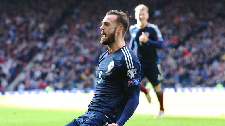 Scotland's striker Steven Fletcher celebrates after scoring their second goal against Gibraltar