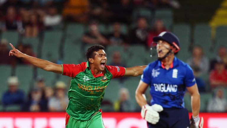 Takin Ahmed of Bangladesh celebrates after getting the wicket of James Taylor of England during the 2015 ICC Cricket World Cup match