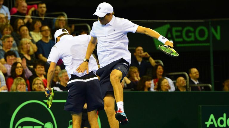 Mike Bryan and Bob Bryan of the USA in action against Dominic Inglot and Jamie Murray of the GB Davis Cup Team