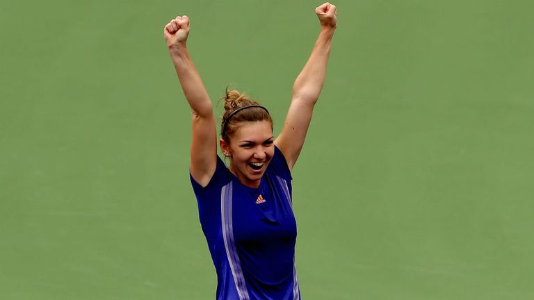 Simona Halep celebrates match point against Jelena Jankovic during the BNP Paribas Open at the Indian Wells 