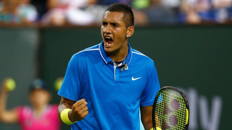 Nick Kyrgios of Australia celebrates winning a game against Denis Kudla of USA during day five of Indian Wells