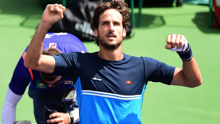 Feliciano Lopez celebrates victory over Kei Nishikori during their match at the BNP Paribas Open in Indian Wells
