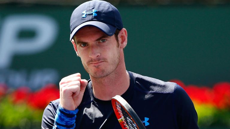 Andy Murray celebrates winning a point against Adrian Mannarino during Indian Wells