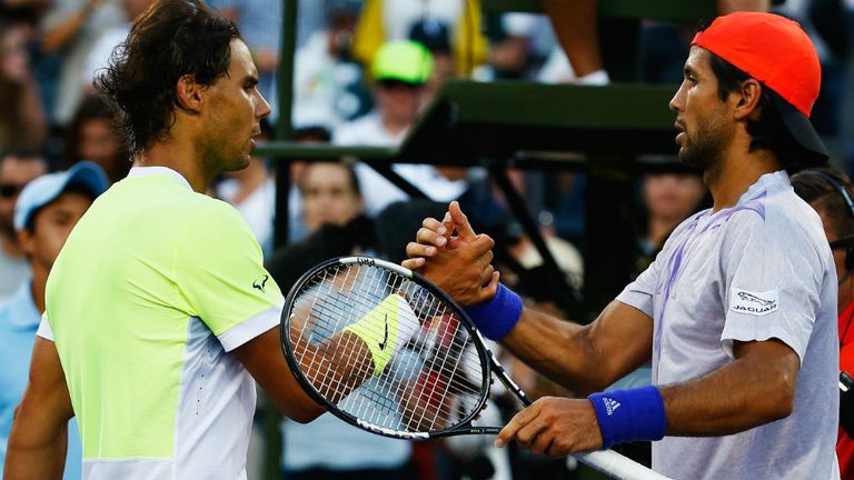 Fernando Verdasco meets Rafael Nadal after defeating him at the Miami Open