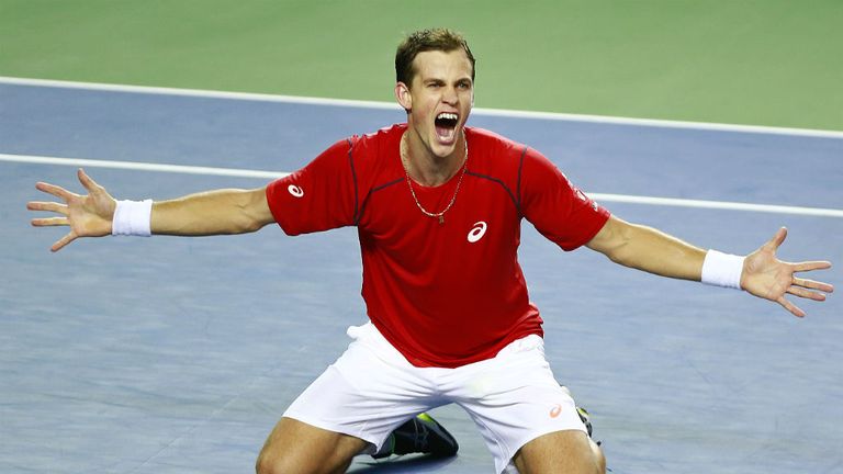 Vasek Pospisil celebrates his Davis Cup match win over Go Soeda