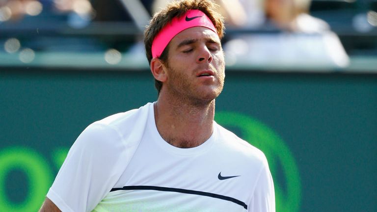 Juan Martin Del Potro reacts to a lost point against Vasek Pospisil during the 2015 Miami Open