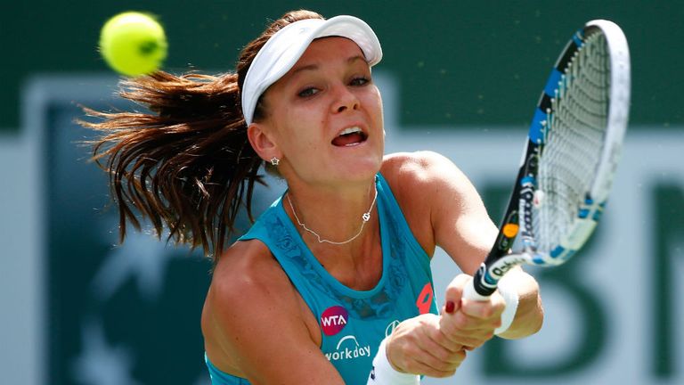 Agnieszka Radwanska in action against Heather Watson during day seven of the BNP Paribas Open at Indian Wells 