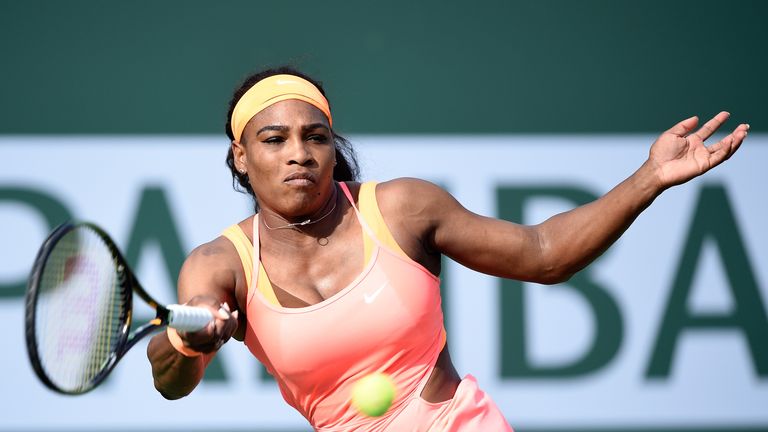 Serena Williams returns a forehand in her match against Zarina Diyas of Kaakhstan during the BNP Parisbas Open at the Indian Wells Tennis Garden 