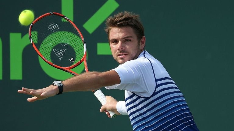 Stan Wawrinka plays a match against Carlos Berlocq during Day 5 of the Miami Open 