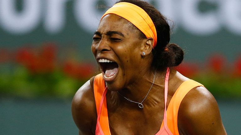 Serena Williams celebrates against Timea Bacsinszky at the BNP Paribas Open tennis at Indian Wells