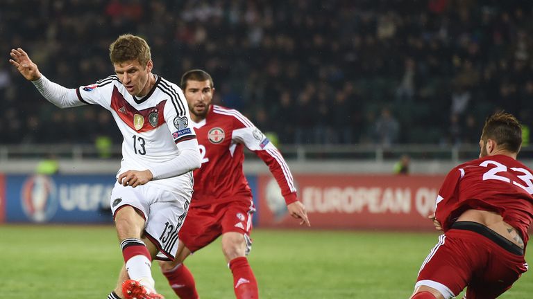 Germany's Thomas Muller shoots on goal