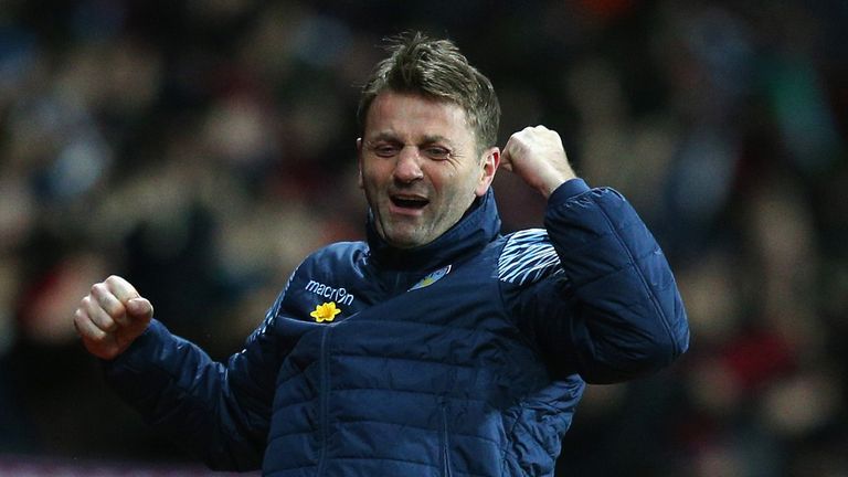 BIRMINGHAM, ENGLAND - MARCH 03:  Manager Tim Sherwood of Aston Villa celebrates on the touchline after Gabriel Agbonlahor of Aston Villa scored the opening