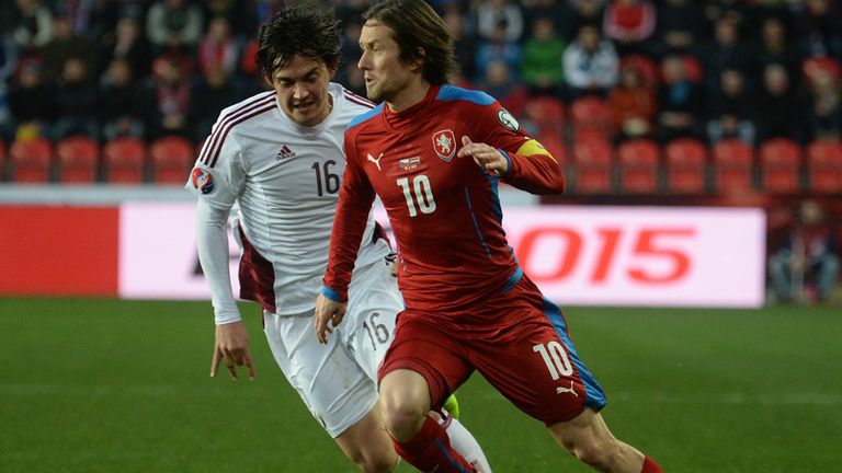 Tomas Rosicky of Czech Republic in action against Latvia
