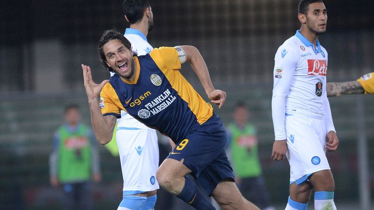  Luca Toni of Hellas Verona celebrates after scoring his team's second goal during the Serie A match between Hellas Verona FC and Napoli