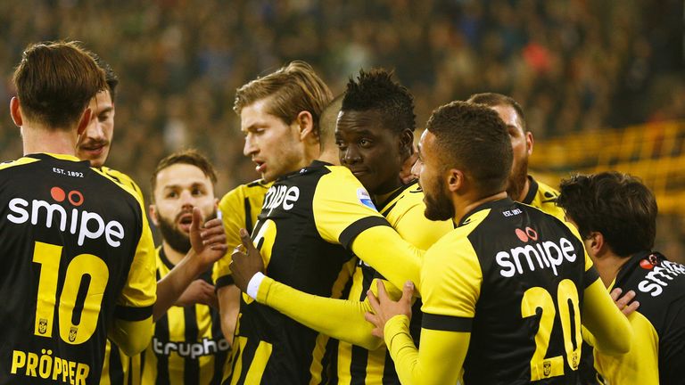 Bertrand Traore (C) of Vitesse celebrates scoring the first goal of the game with team mates during the Dutch Eredivisie m