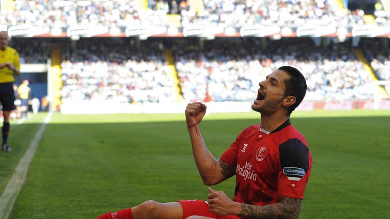 Sevilla's midfielder Vitolo celebrates after scoring a goal during the Spanish league football match RC Deportivo de 