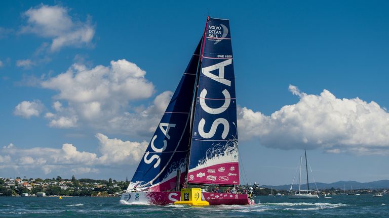 AUCKLAND, NEW ZEALAND - MARCH 14:  In this handout image provided by the Volvo Ocean Race, Team SCA during the New Zealand Herald InPort Race in Auckland, 