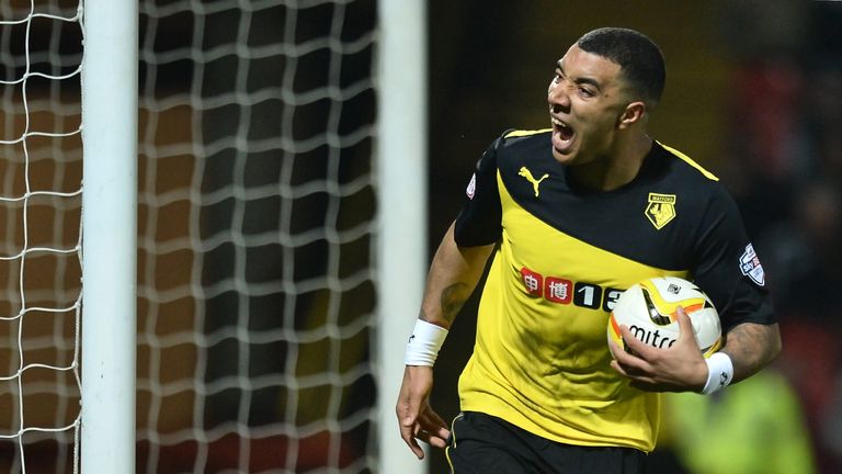 WATFORD, ENGLAND - MARCH 25:  Troy Deeney of Watford celebrates scoring his team's second goal during the Sky Bet Championship match between Watford and Bl