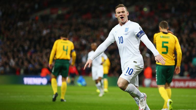 LONDON, ENGLAND - MARCH 27:  Wayne Rooney of England celebrates the first goal during the EURO 2016 Qualifier match between England and Lithuania at Wemble
