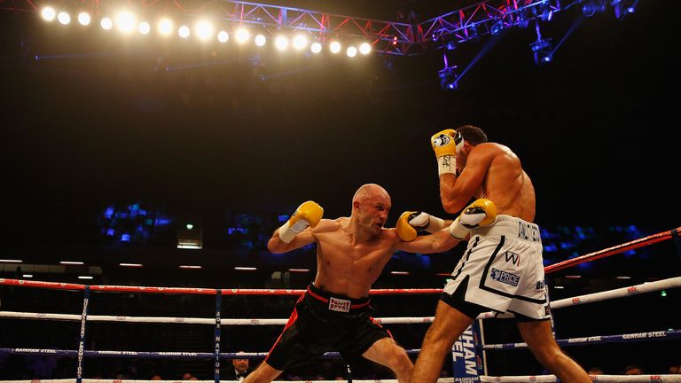 Sergey Khomitsky (L) and Frank Buglioni in action during their WBO European Super-Middleweight Championship bout at The Copper