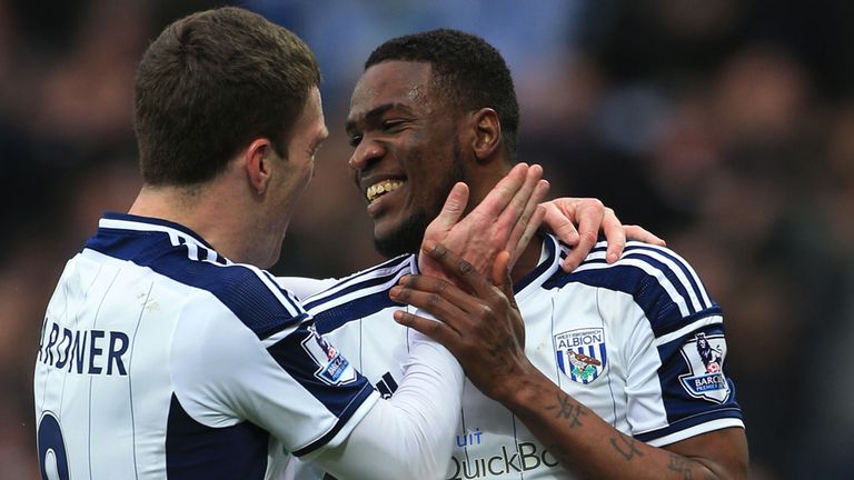  Brown Ideye celebrates scoring the opening goal with Craig Gardner during the Barclays Premier League match between West Brom and Stoke  at The Hawthorns