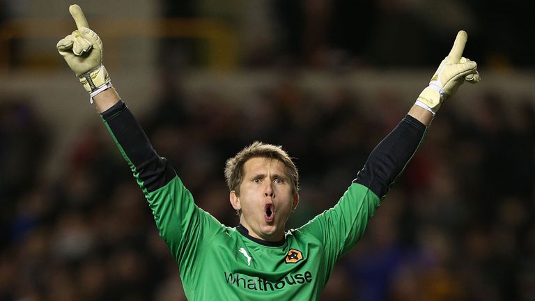 Wolverhampton Wanderers' keeper Tomasz Kuszczak celebrates the second goal against Derby County during the Sky Bet Championship match at Molineux Stadium, 