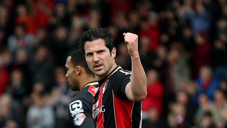 Yann Kermorgant of Bournemouth celebrates after scoring the opening goal of the game from the penalty spot during the Sky