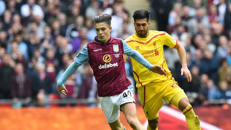  Emre Can chases Jack Grealish during the FA Cup semi-final between Aston Villa and Liverpool at Wembley stadium in London on April 19, 2015.