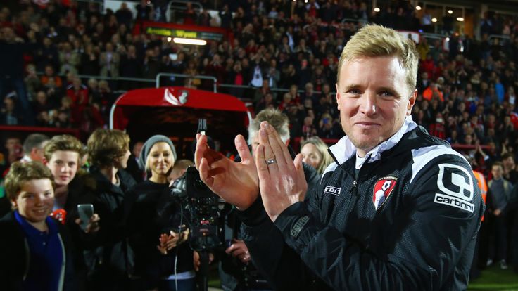 BOURNEMOUTH, ENGLAND - APRIL 27:  Eddie Howe manager of Bournemouth celebrates victory on the pitch after the Sky Bet Championship match between AFC Bourne