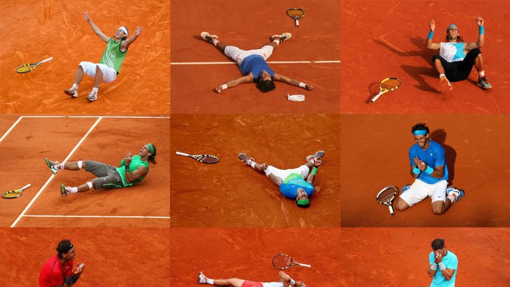 Rafael Nadal can be seen celebrating during a match at each of his 9 Roland Garros French Open tennis victories.