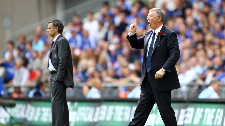 Sir Alex Ferguson manager of Manchester United gestures as Jose Mourinho manager of Chelsea looks on during the FA Cup Final in 2007