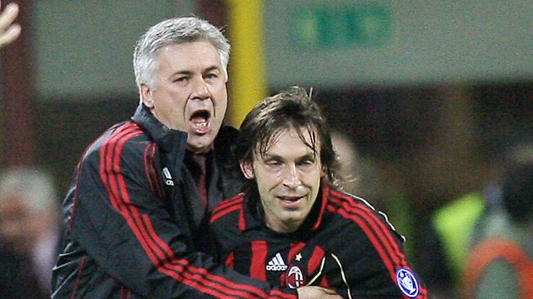 AC Milan's trainer Carlo Ancelotti celebrates with midfielder Andrea Pirlo after he scored against Bayern Munich during their Champions League tie in 2007