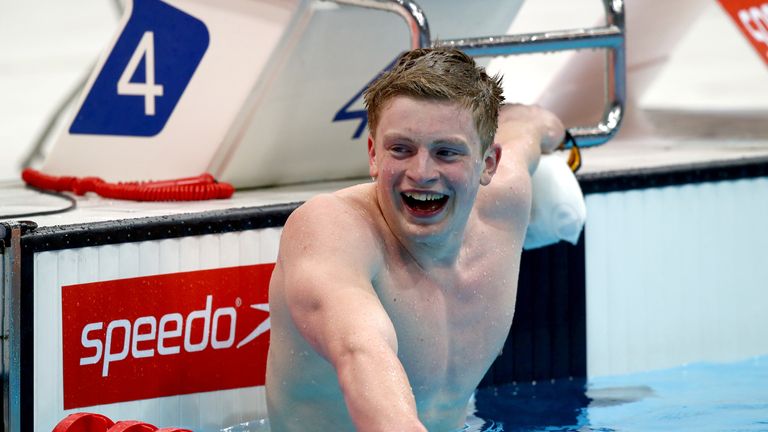 LONDON, ENGLAND - APRIL 17:  Adam Peaty of County of Derby celebrates wining the Men's 100m Breaststroke final and breaking the World Record