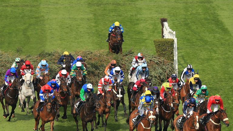 Horses and riders in action during the Crabbie's Topham Chase
