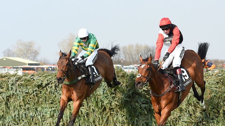 On The Fringe (left) ridden by Nina Carberry clears the final fence to win the Crabbie's Fox Hunter Chase at Aintree
