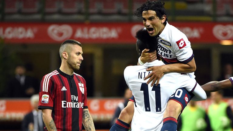 Genoa's midfielder from Argentina Alberto Facundo Costa (up) celebrates