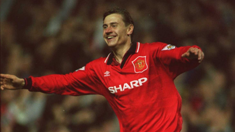 Andrei Kanchelskis celebrated the second of his three goals for Manchester United against Manchester City in a 5-0 win at Old Trafford in November 1994